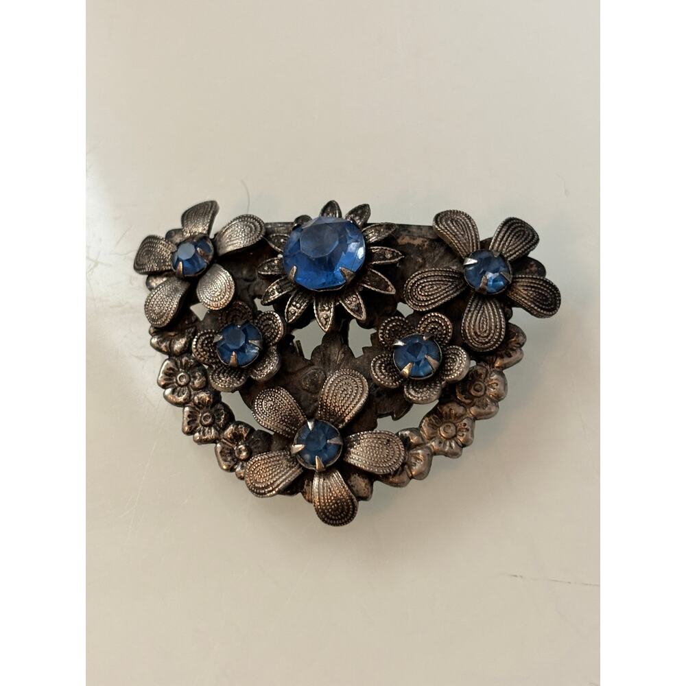 Vintage Dress Clip Silver Tone Floral Blue Stones